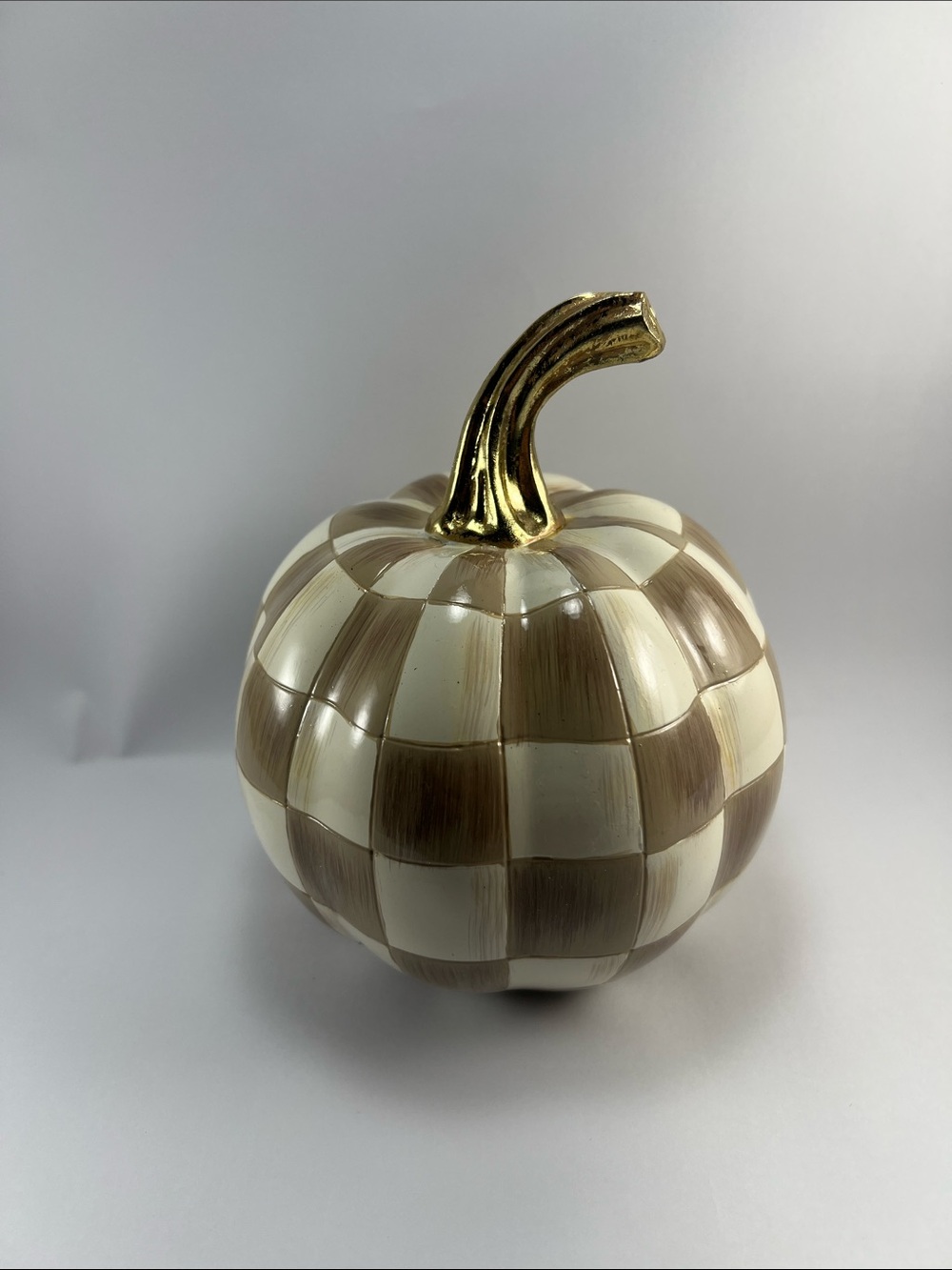 Mocha checkerboard Ceramic Pumpkin with Gold Stem